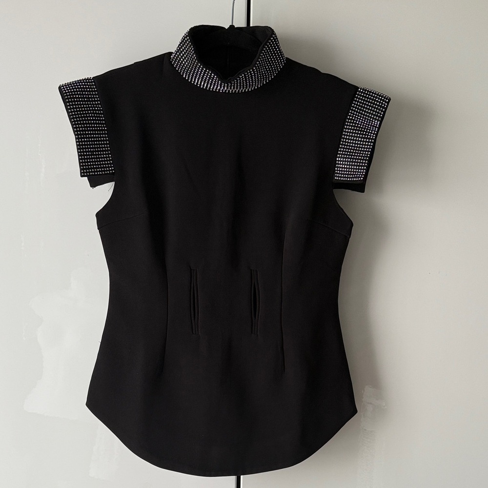 Black Sleeveless Top with rhinestone Embellished Collar sleeves Small